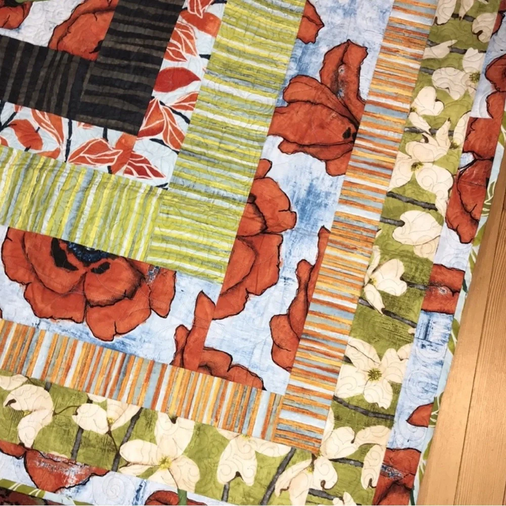 Artisan poppy quilt reversible  handmade 62x66 Signed poppies dogwood FINAL SALE